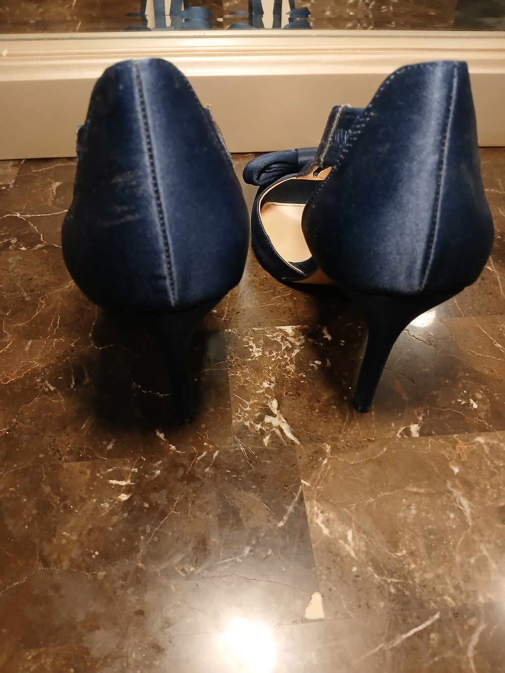 David's Bridal Navy Satin Bow Peep-Toe Heels - Picture 10 of 14